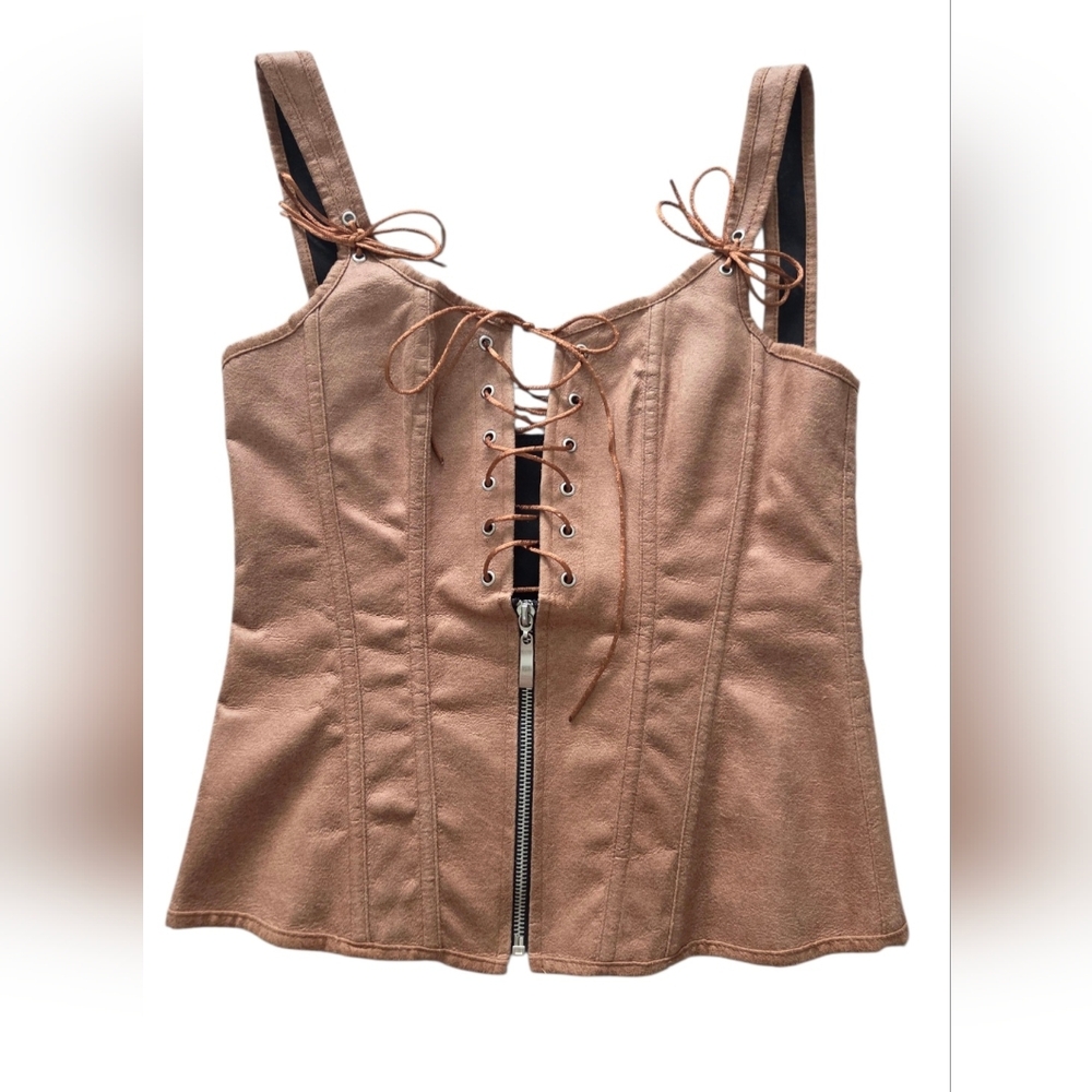 CHARMIAN Faux Leather Corset Top Lace Up Zip Brown Steampunk‎ Small Victorian